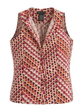 Cynthia Rowley Sleeveless Blouse L Red Pink Geometric Triangle Pleated Top
